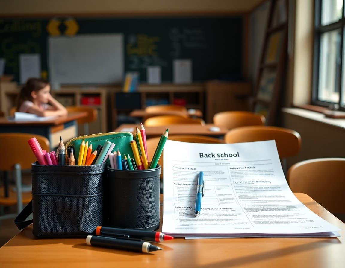 Back to school supplies and newsletter printed on desk ready for first week of school