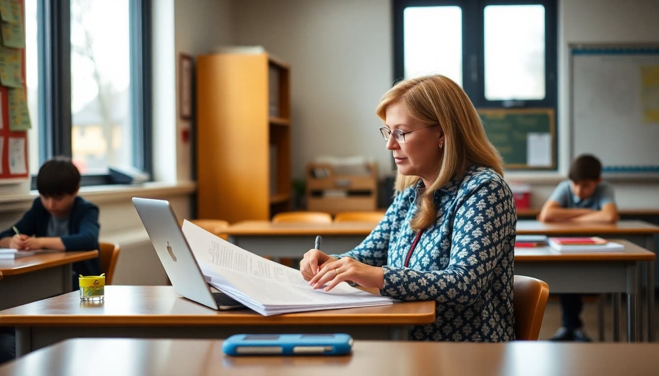 Rhode Island teacher preparing back to school newsletter at classroom desk before first day