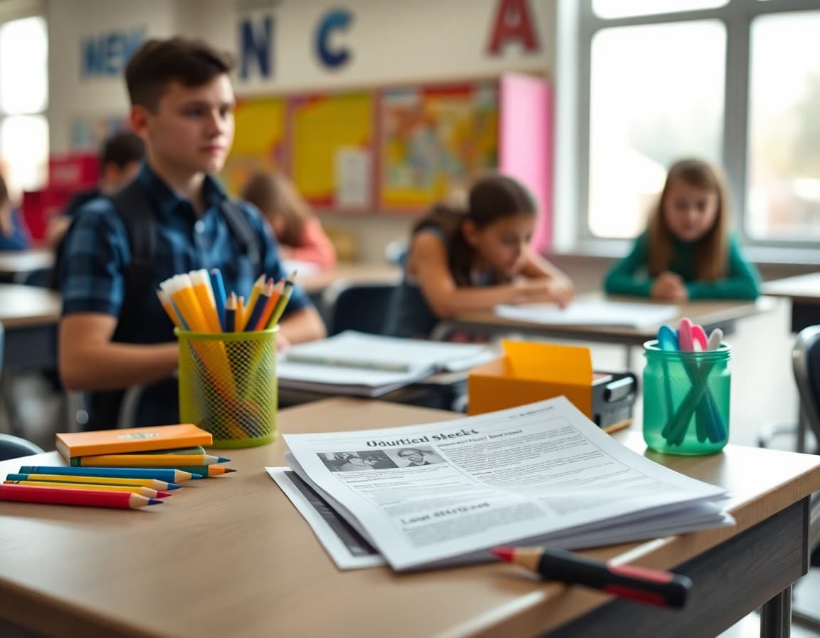 Back to school supplies and newsletter printed on desk ready for first week of school