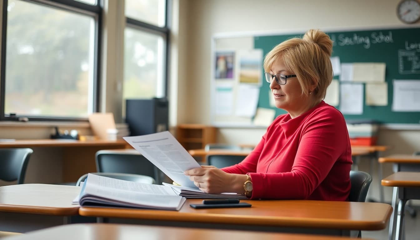 South Carolina teacher preparing back to school newsletter at classroom desk before first day