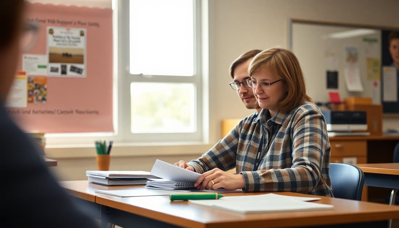 South Dakota teacher preparing back to school newsletter at classroom desk before first day