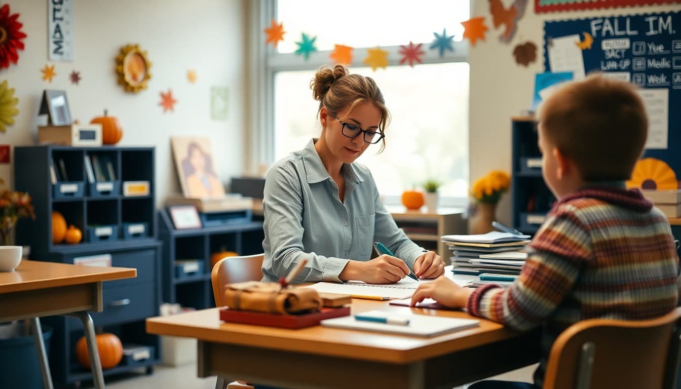 Teacher sitting at desk in September writing class newsletter surrounded by fall decorations