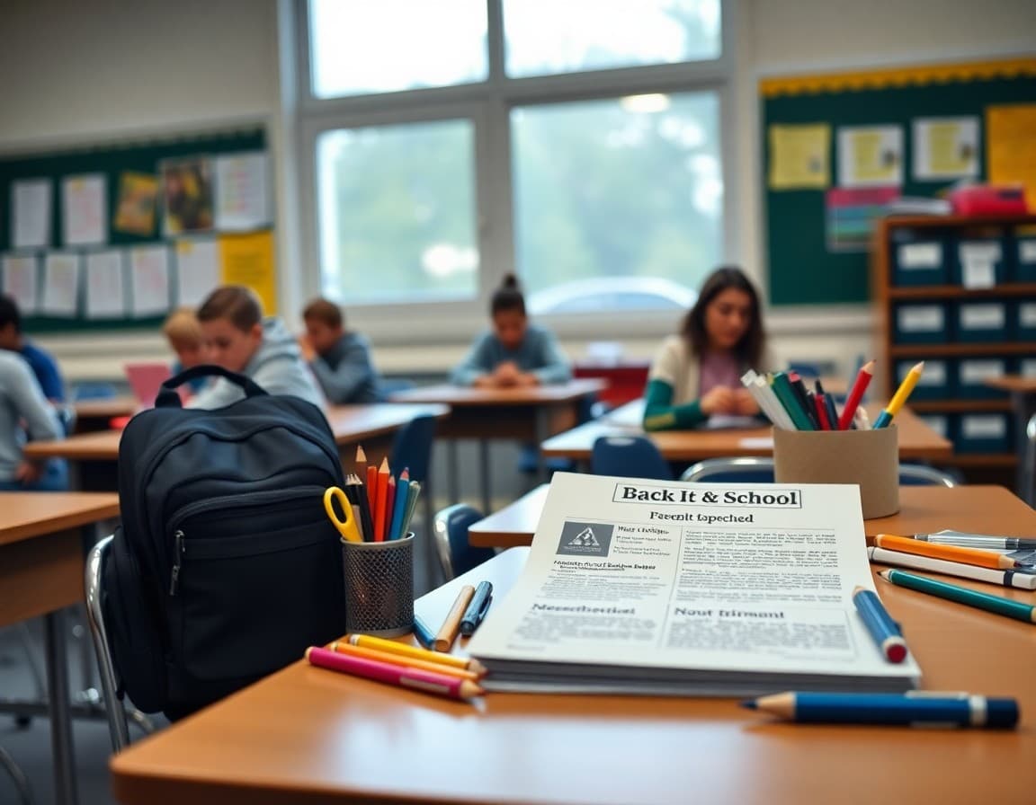 Back to school supplies and newsletter printed on desk ready for first week of school