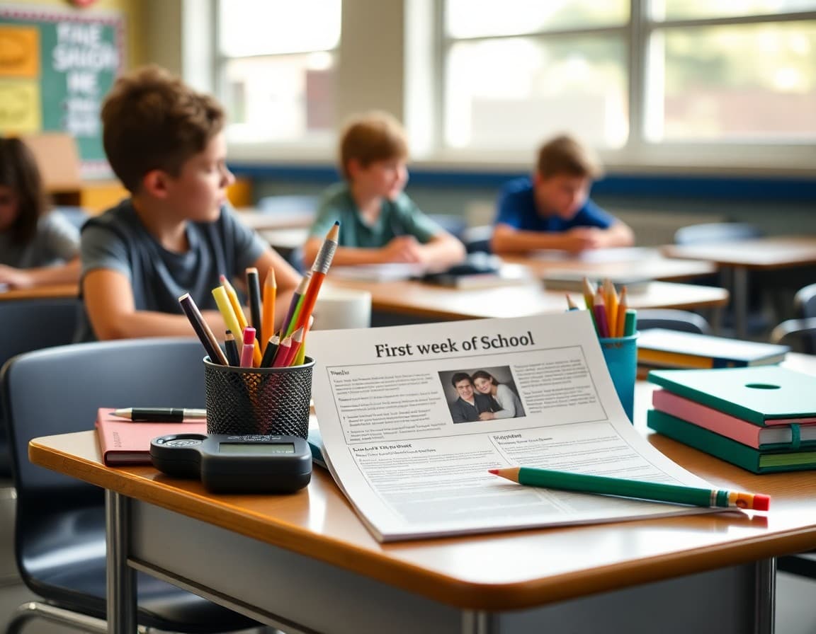 Back to school supplies and newsletter printed on desk ready for first week of school