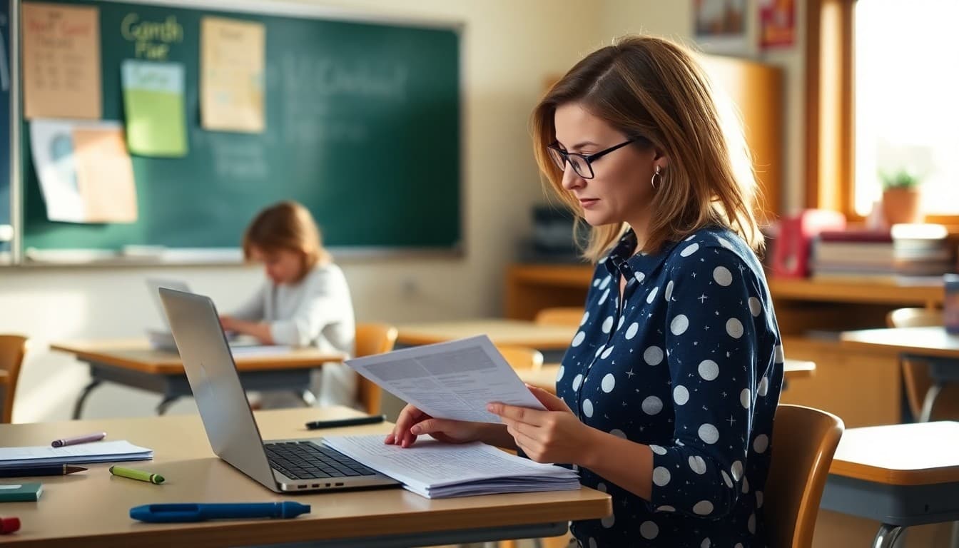 Utah teacher preparing back to school newsletter at classroom desk before first day