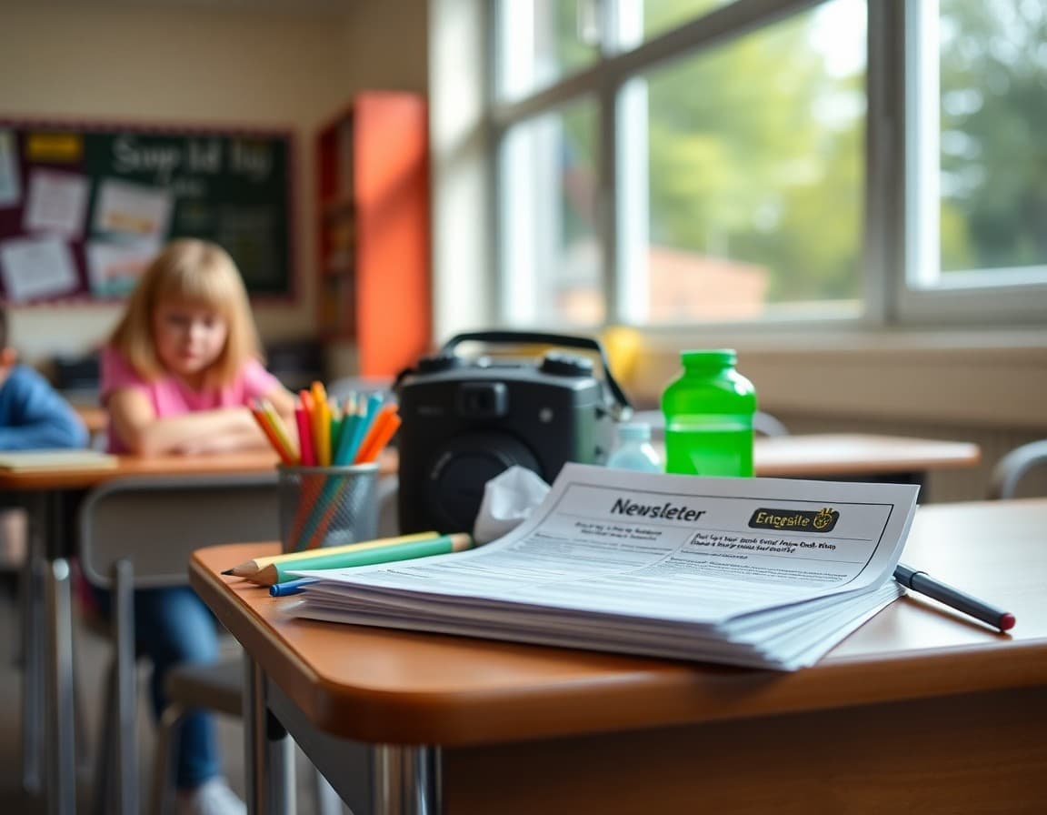 Back to school supplies and newsletter printed on desk ready for first week of school
