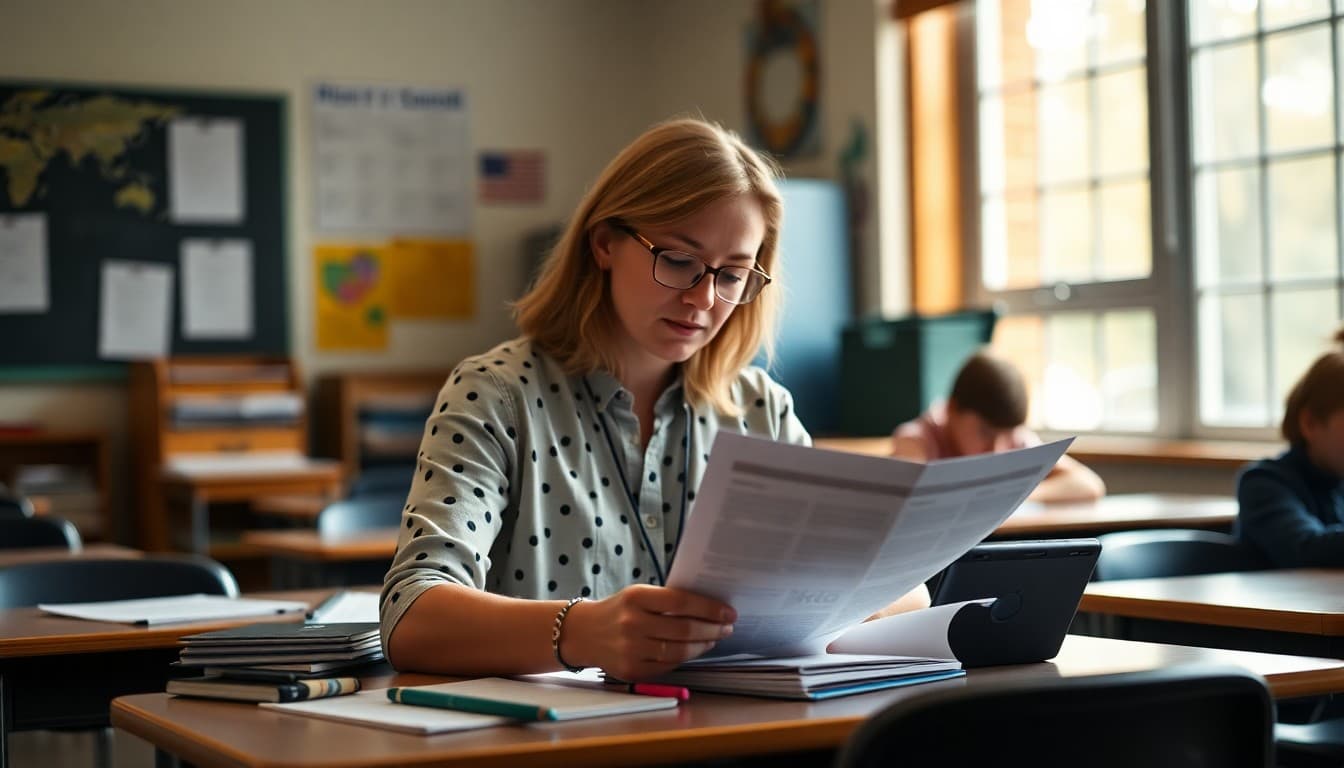 Virginia teacher preparing back to school newsletter at classroom desk before first day