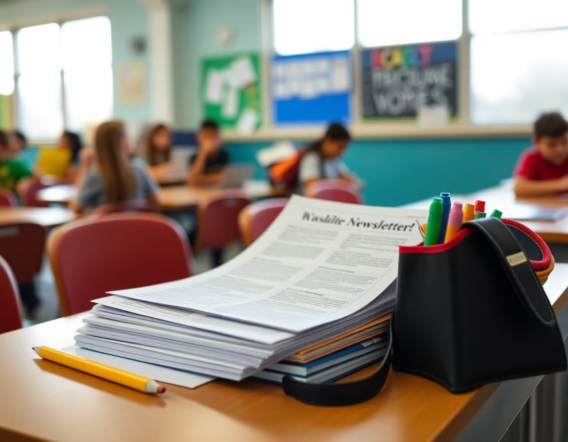 Back to school supplies and newsletter printed on desk ready for first week of school