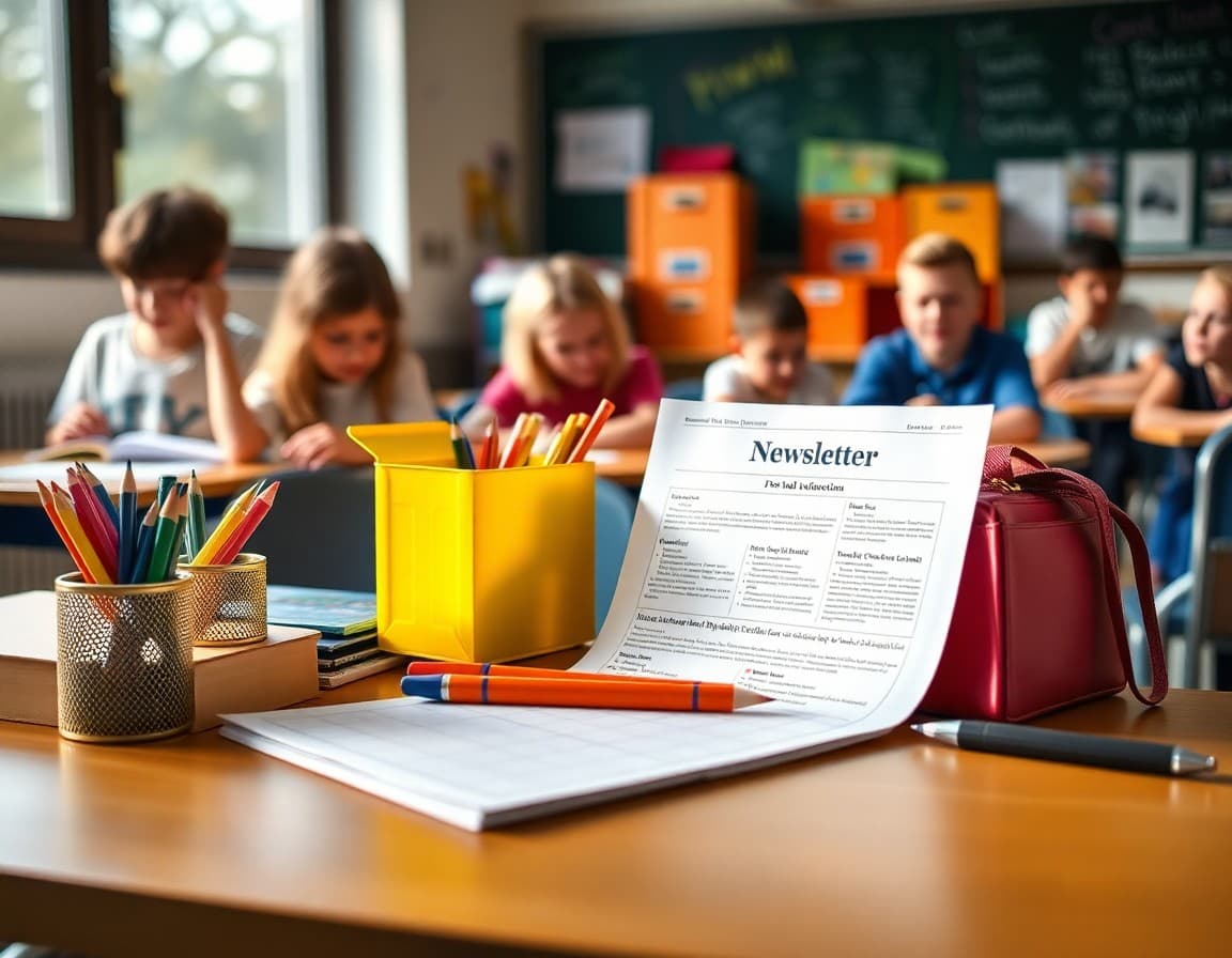 Back to school supplies and newsletter printed on desk ready for first week of school