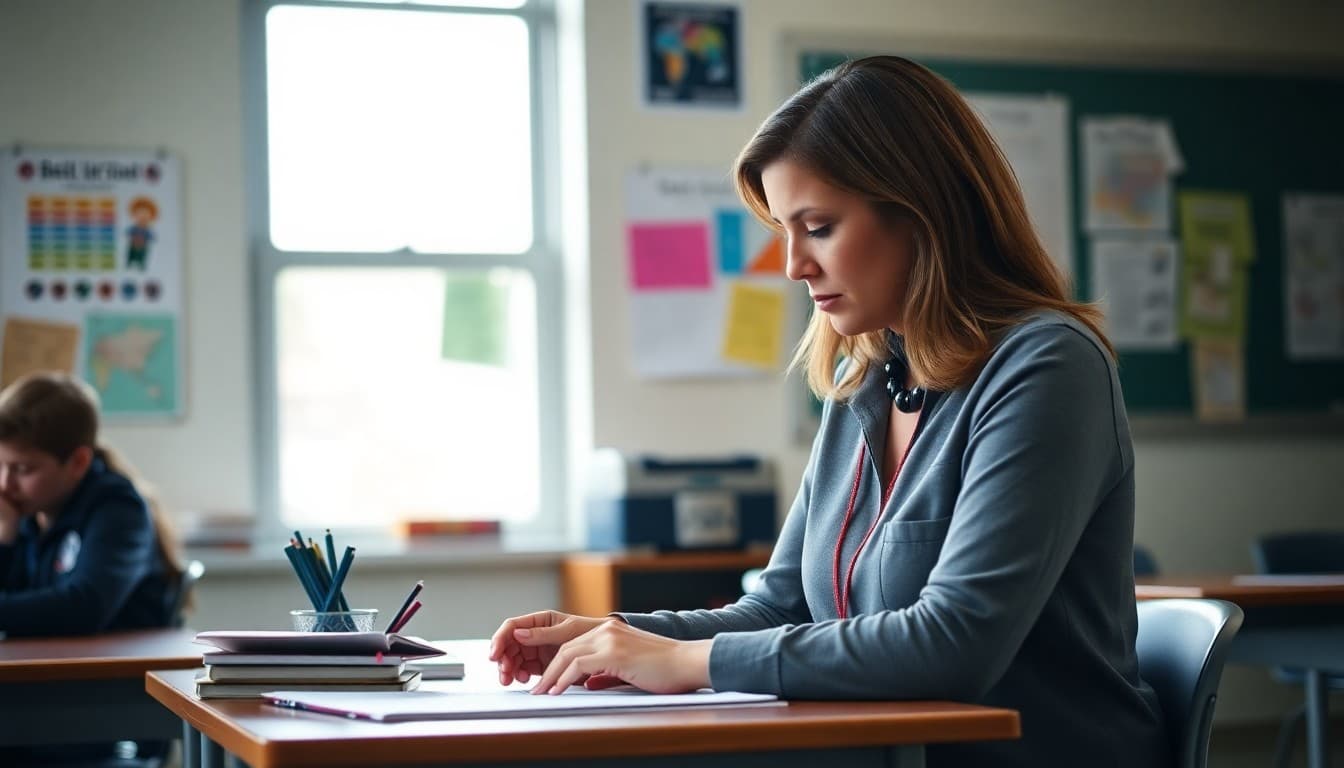 Washington teacher preparing back to school newsletter at classroom desk before first day
