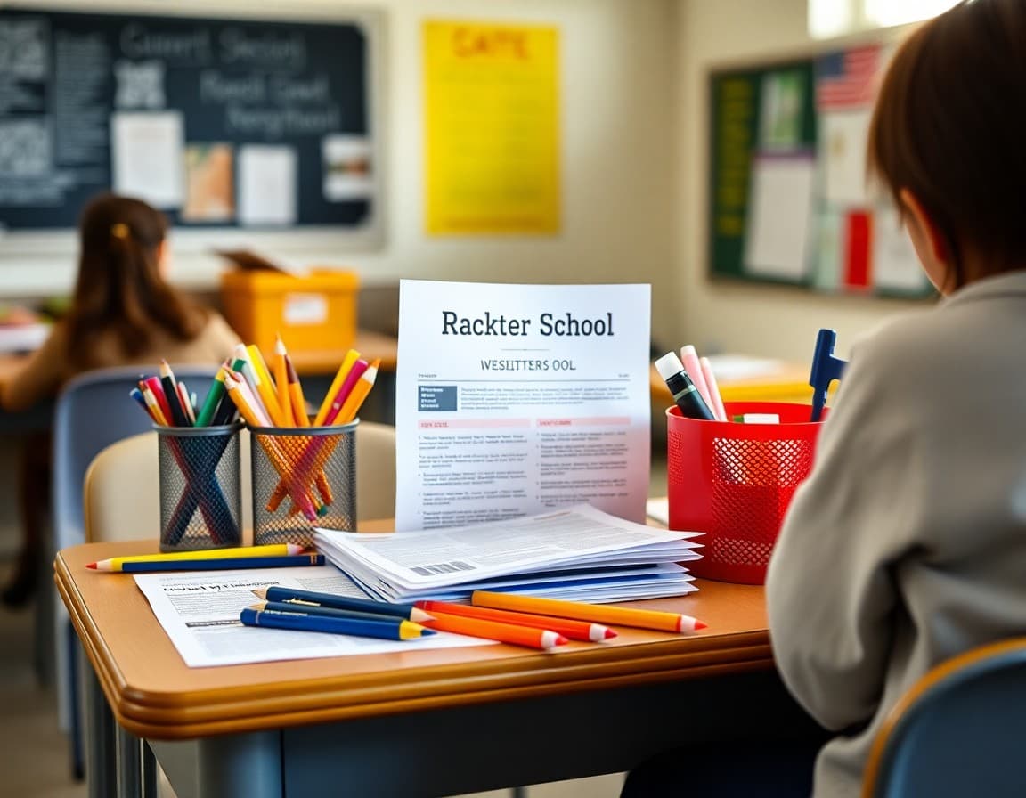Back to school supplies and newsletter printed on desk ready for first week of school