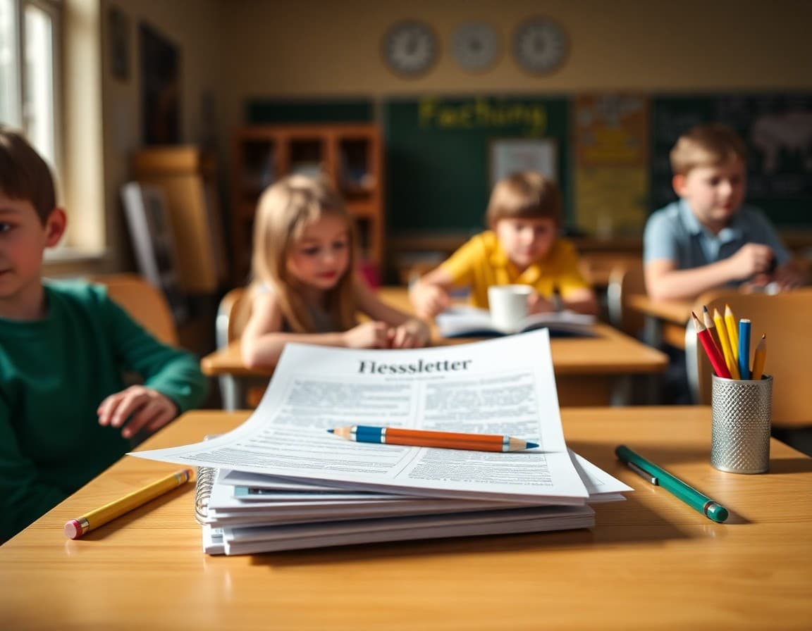 Back to school supplies and newsletter printed on desk ready for first week of school