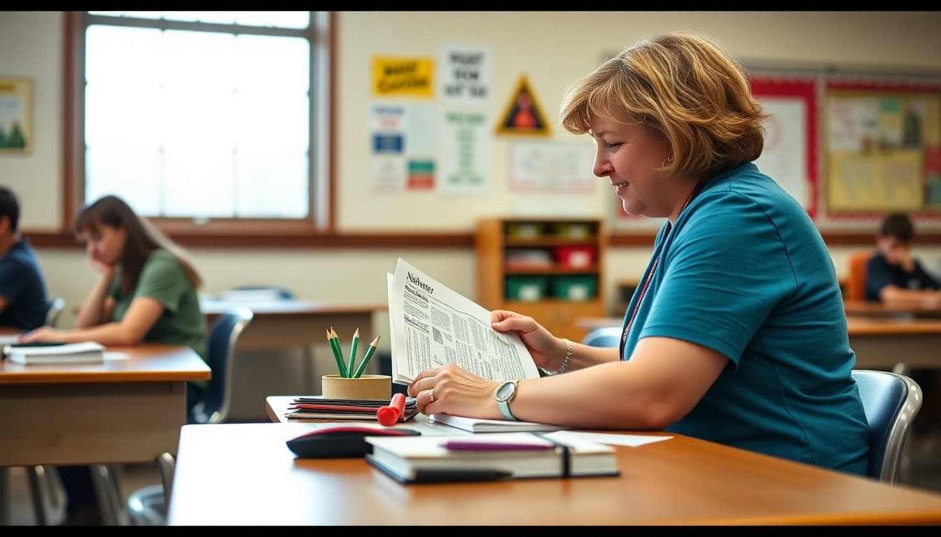 West Virginia teacher preparing back to school newsletter at classroom desk before first day