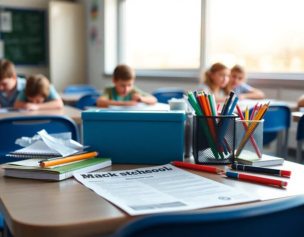 Back to school supplies and newsletter printed on desk ready for first week of school