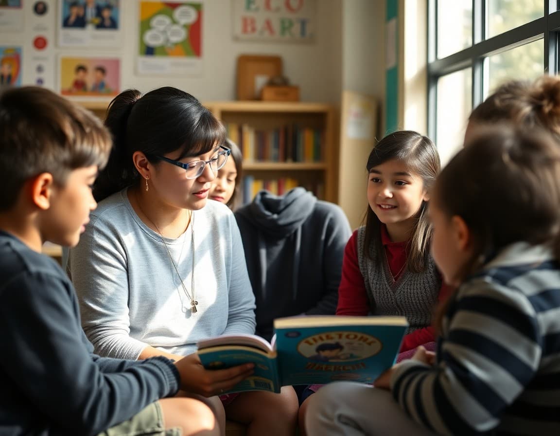 Students and parents discussing bilingual book in small group circle at school library