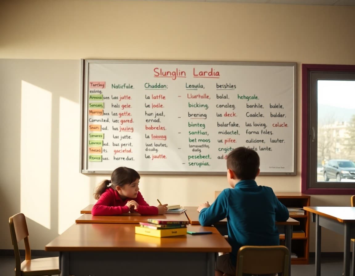 Dual language classroom with bilingual word wall and students working in pairs