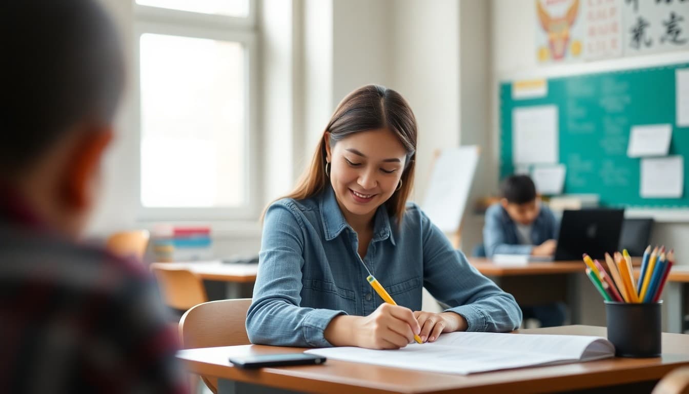 Bilingual teacher writing classroom newsletter in two languages at her desk