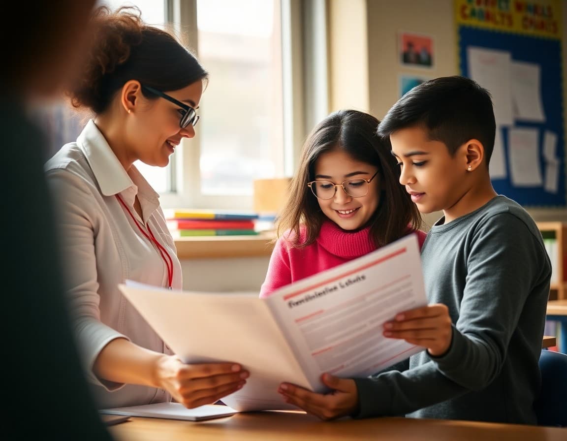 Bilingual teacher and parent reviewing Spanish-English newsletter together