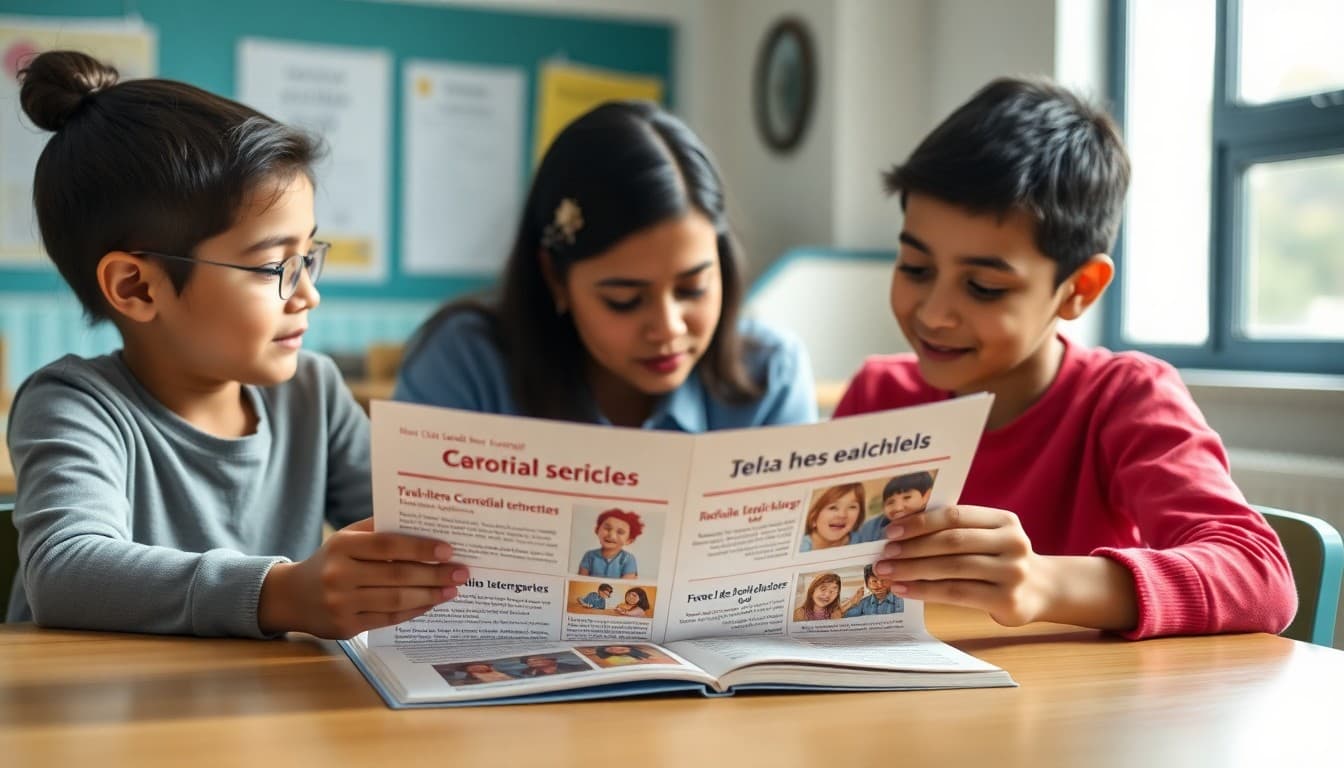 Spanish-English bilingual school newsletter open on a table with a family reading