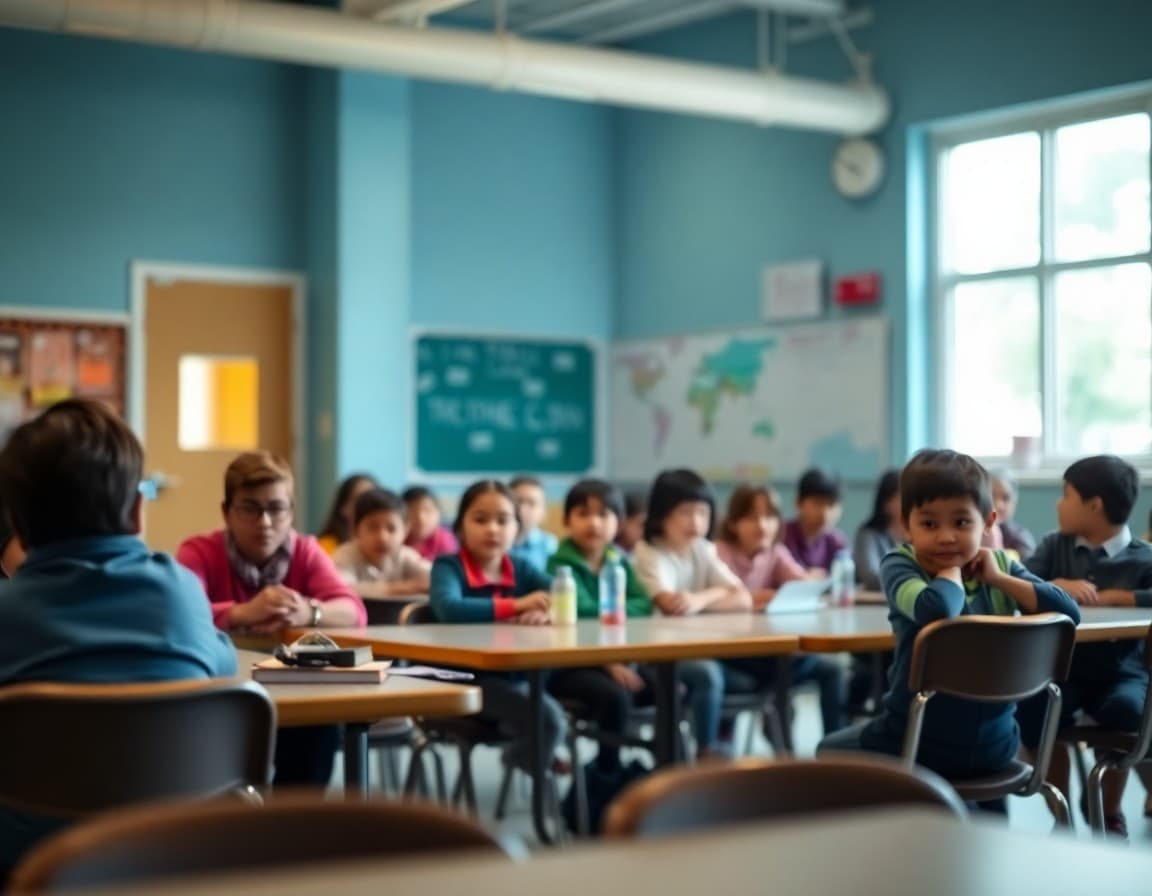 Parents sitting at tables during bilingual program information night at school