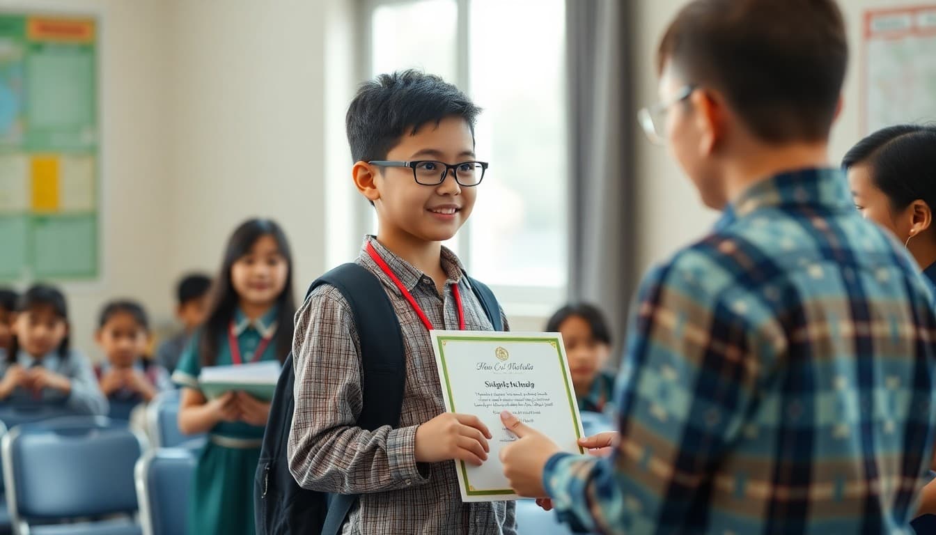 Bilingual student receiving scholarship award for language achievement at school ceremony