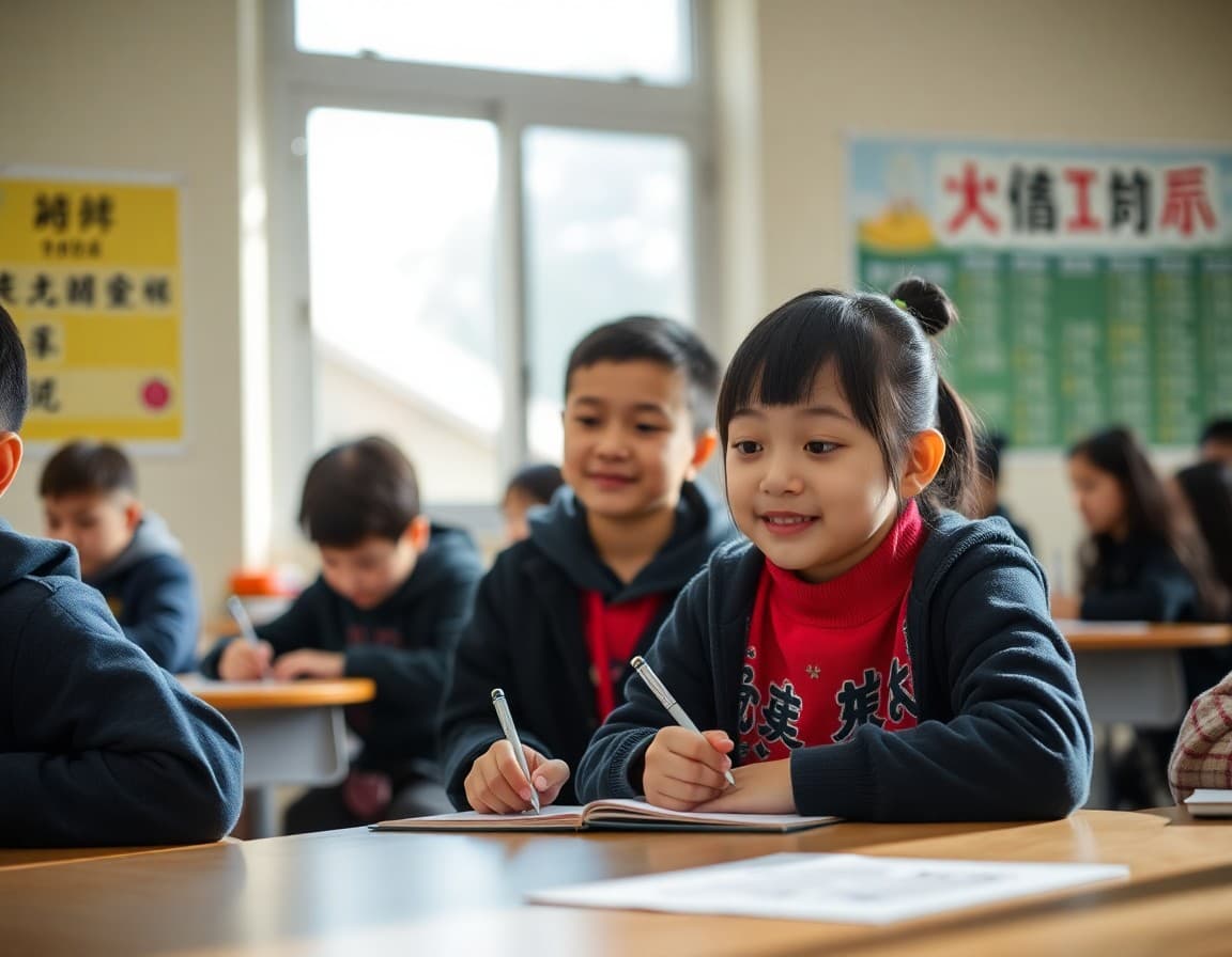 Students in Chinese Mandarin immersion class practicing reading and writing Chinese characters