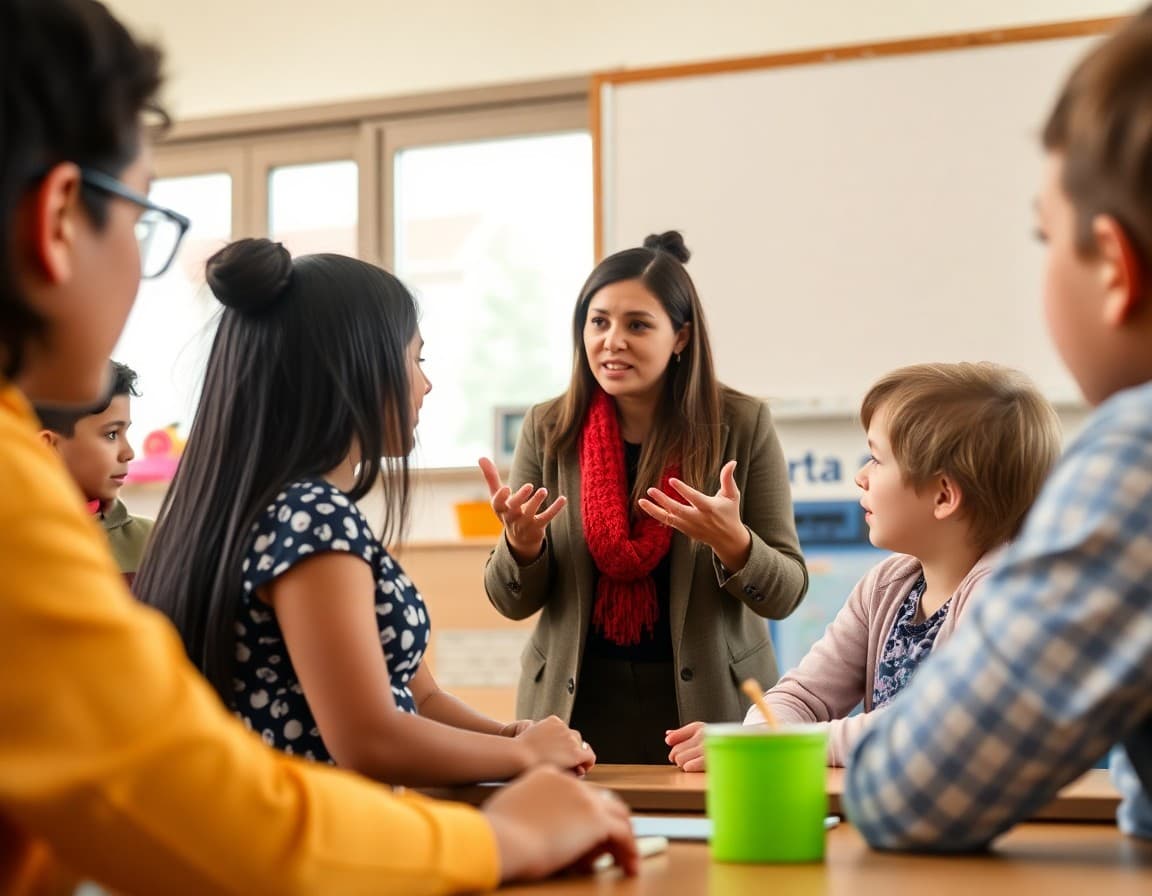 Teacher explaining bilingual language behavior concepts to parents at school meeting