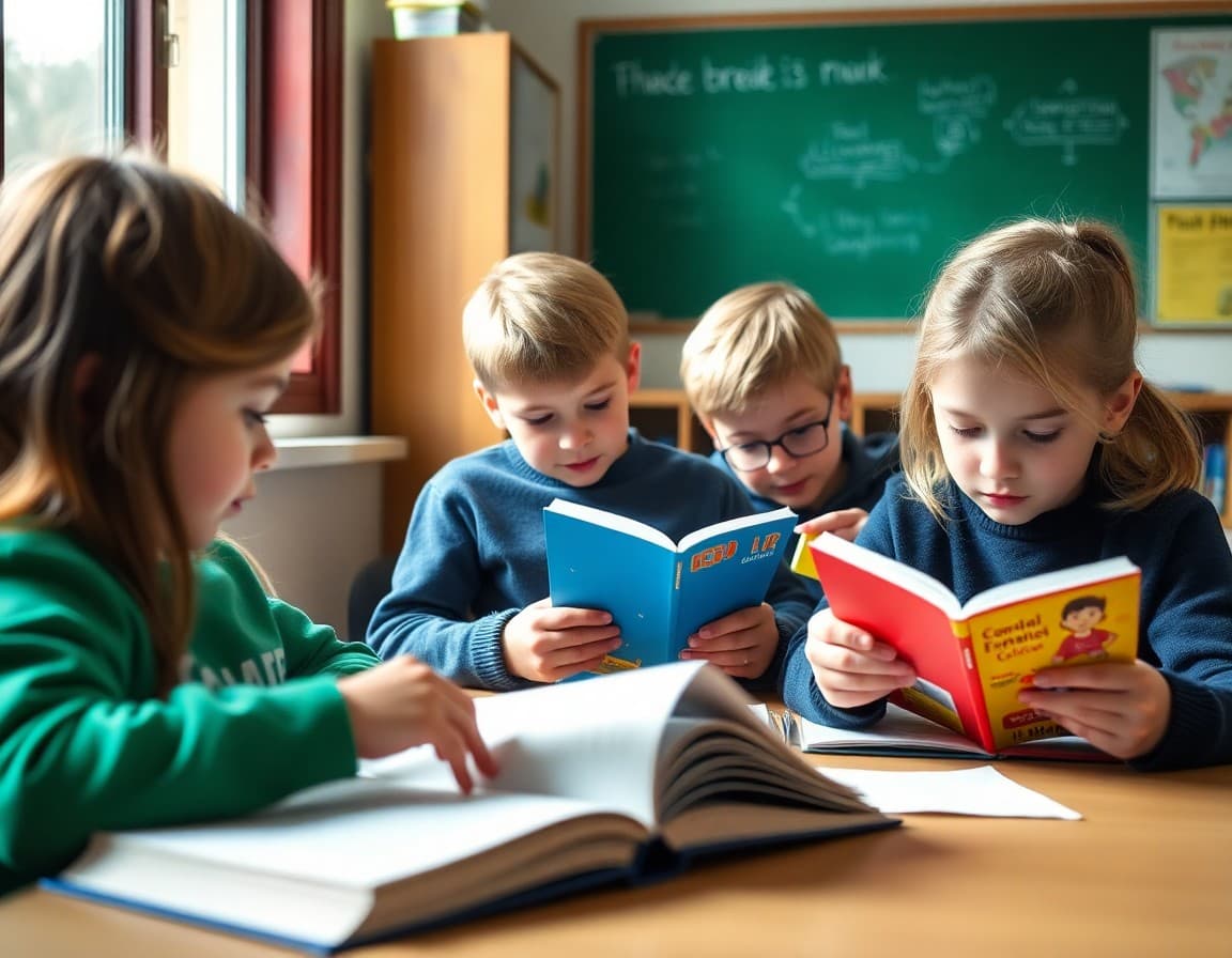 French immersion students reading French books and working on bilingual classroom projects