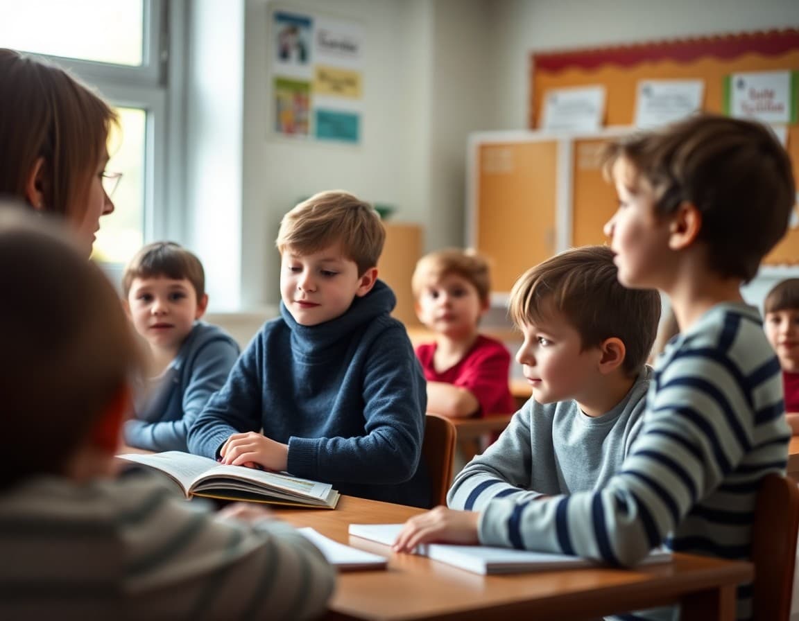Students in German immersion classroom listening to teacher read German storybook aloud