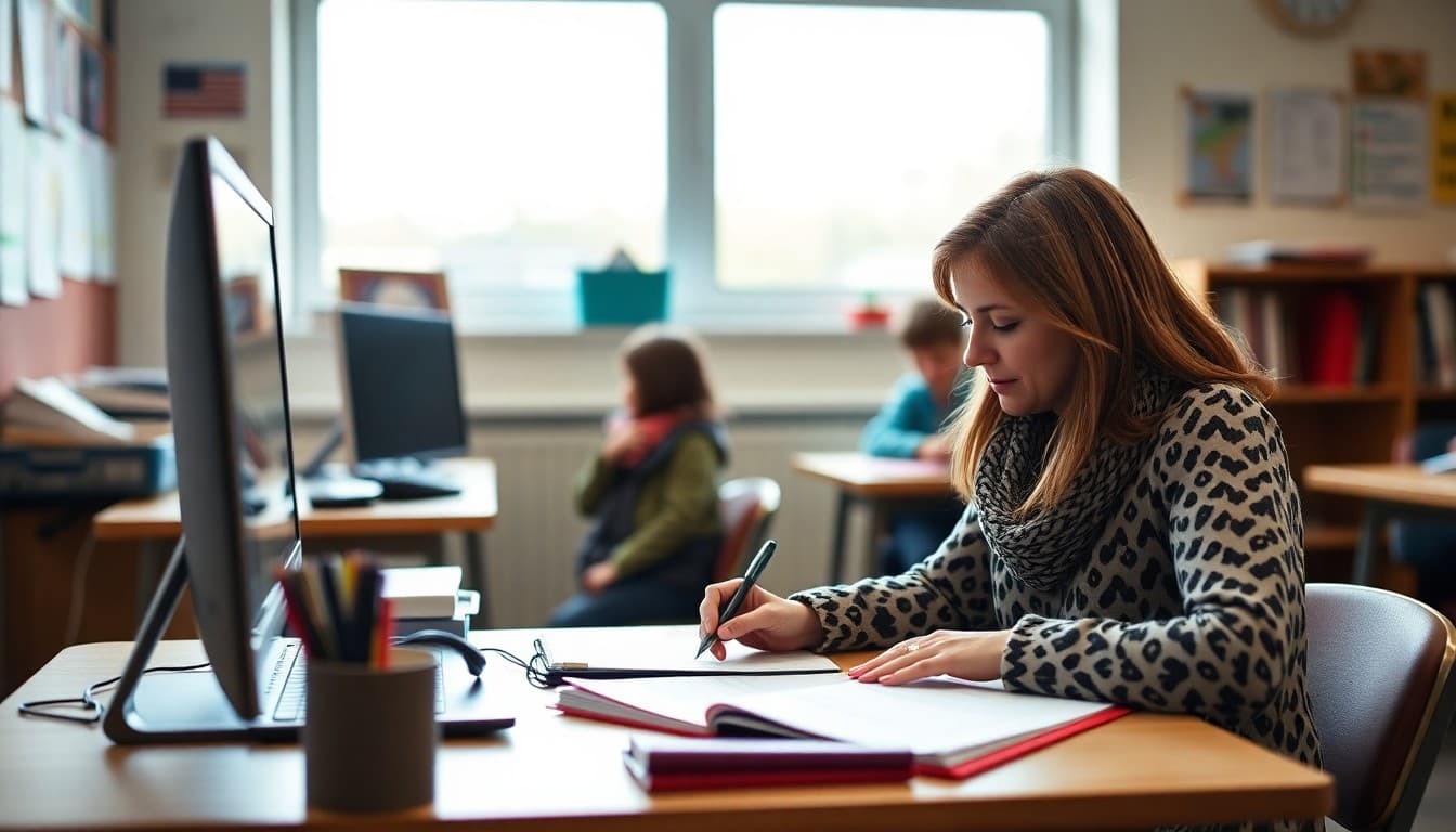 German immersion teacher writing bilingual newsletter in German and English at desk