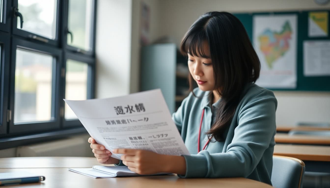 Japanese immersion teacher writing bilingual newsletter with Japanese and English text