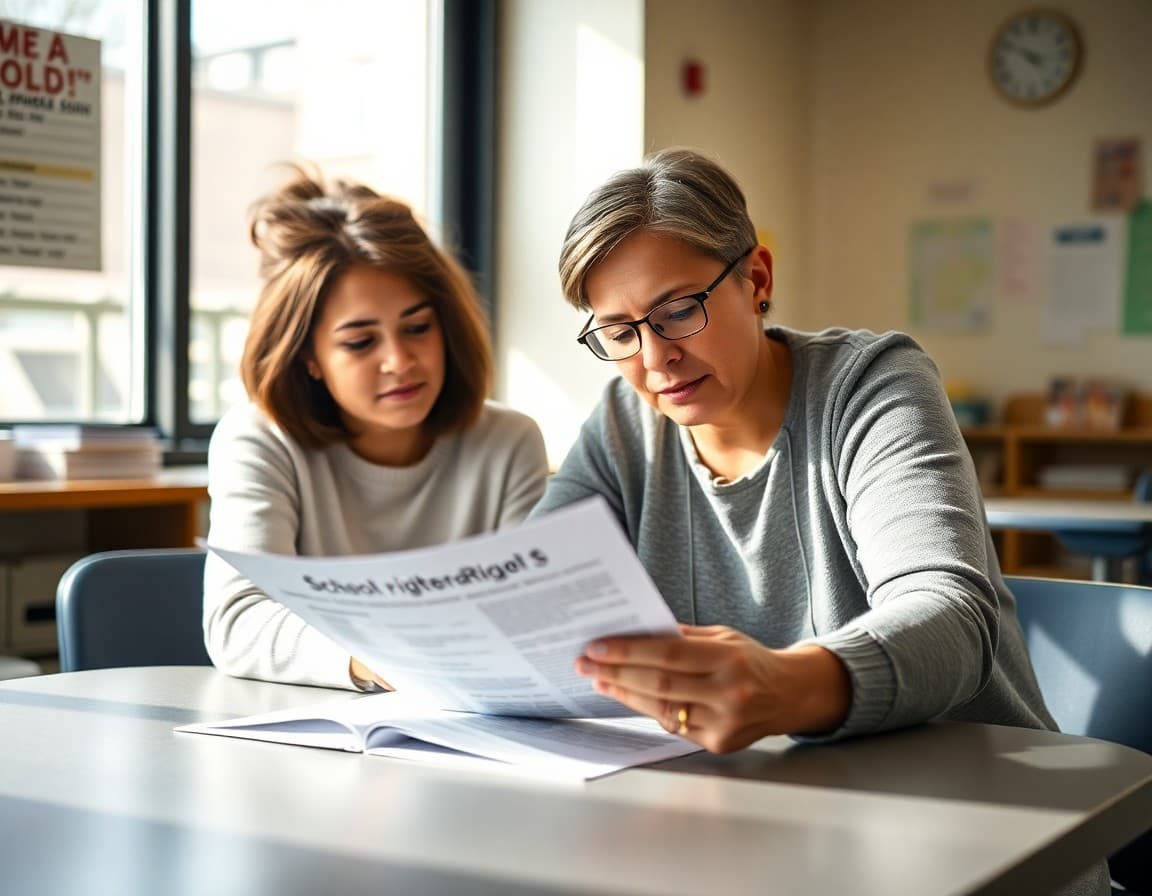 Parent reading school rights information document with school counselor at table
