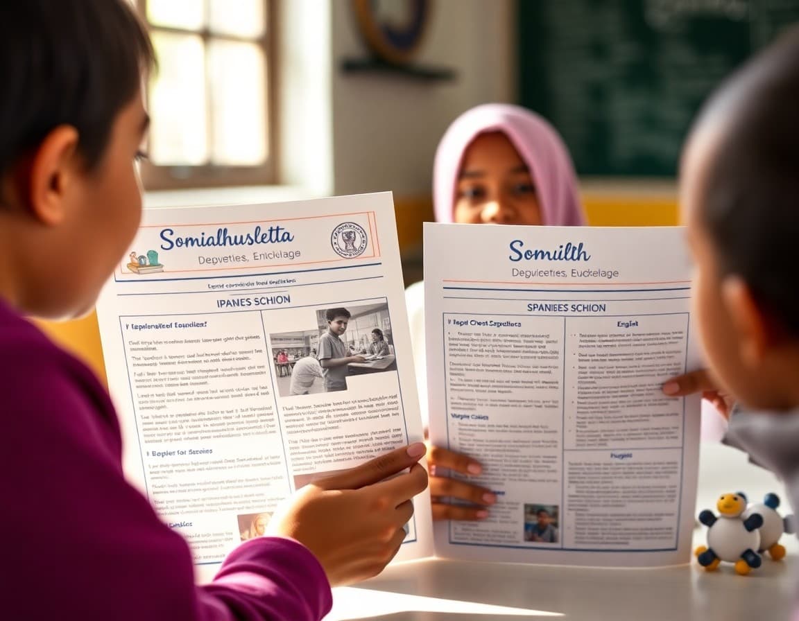 Multilingual school newsletter displayed in Spanish Somali and English side by side