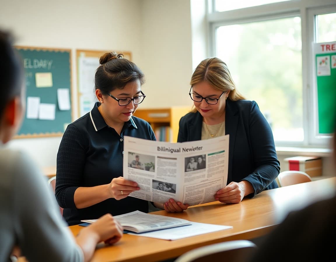Teacher reviewing a bilingual newsletter layout with a community liaison
