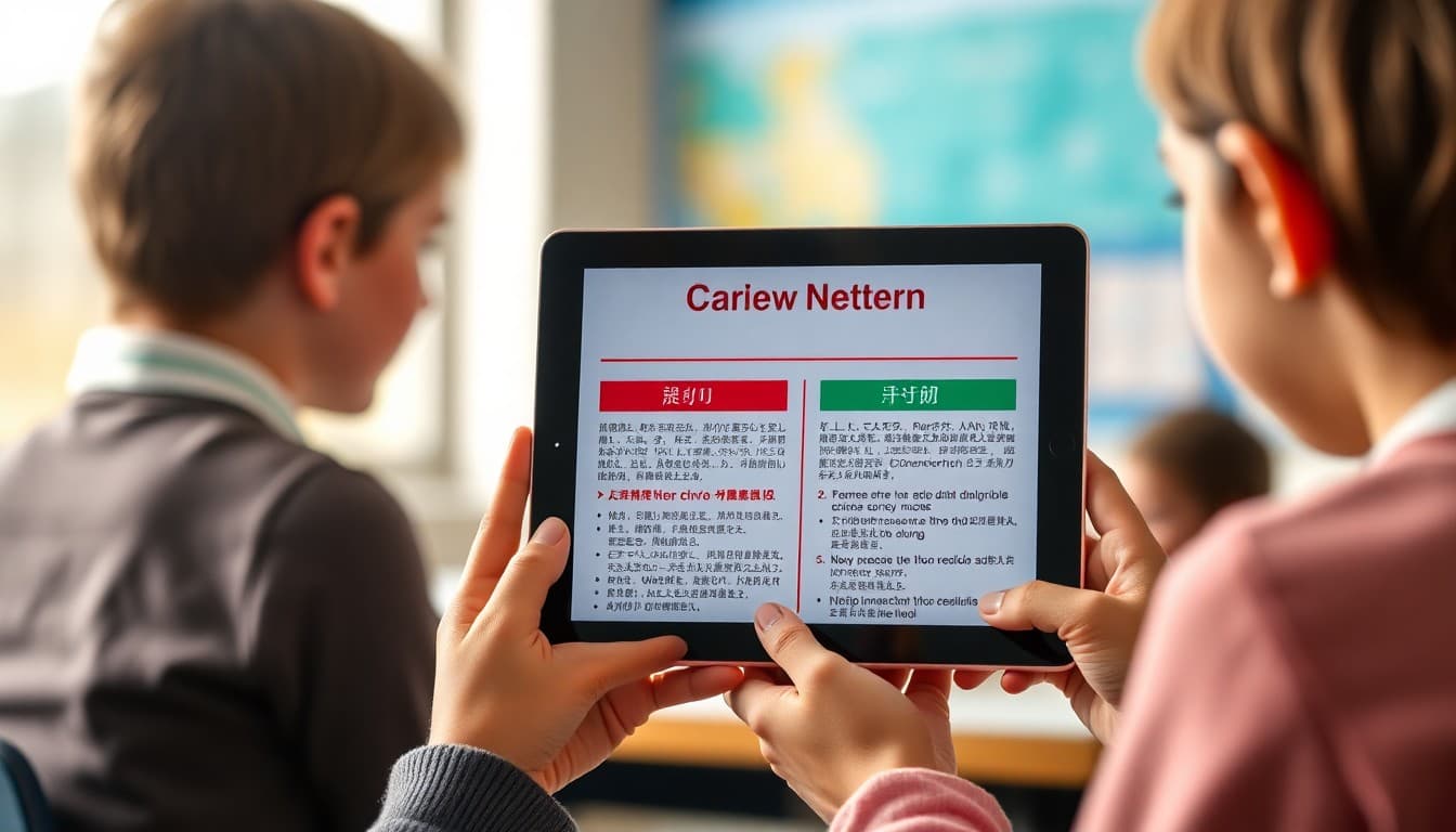 School newsletter displayed in two languages side by side on a tablet screen
