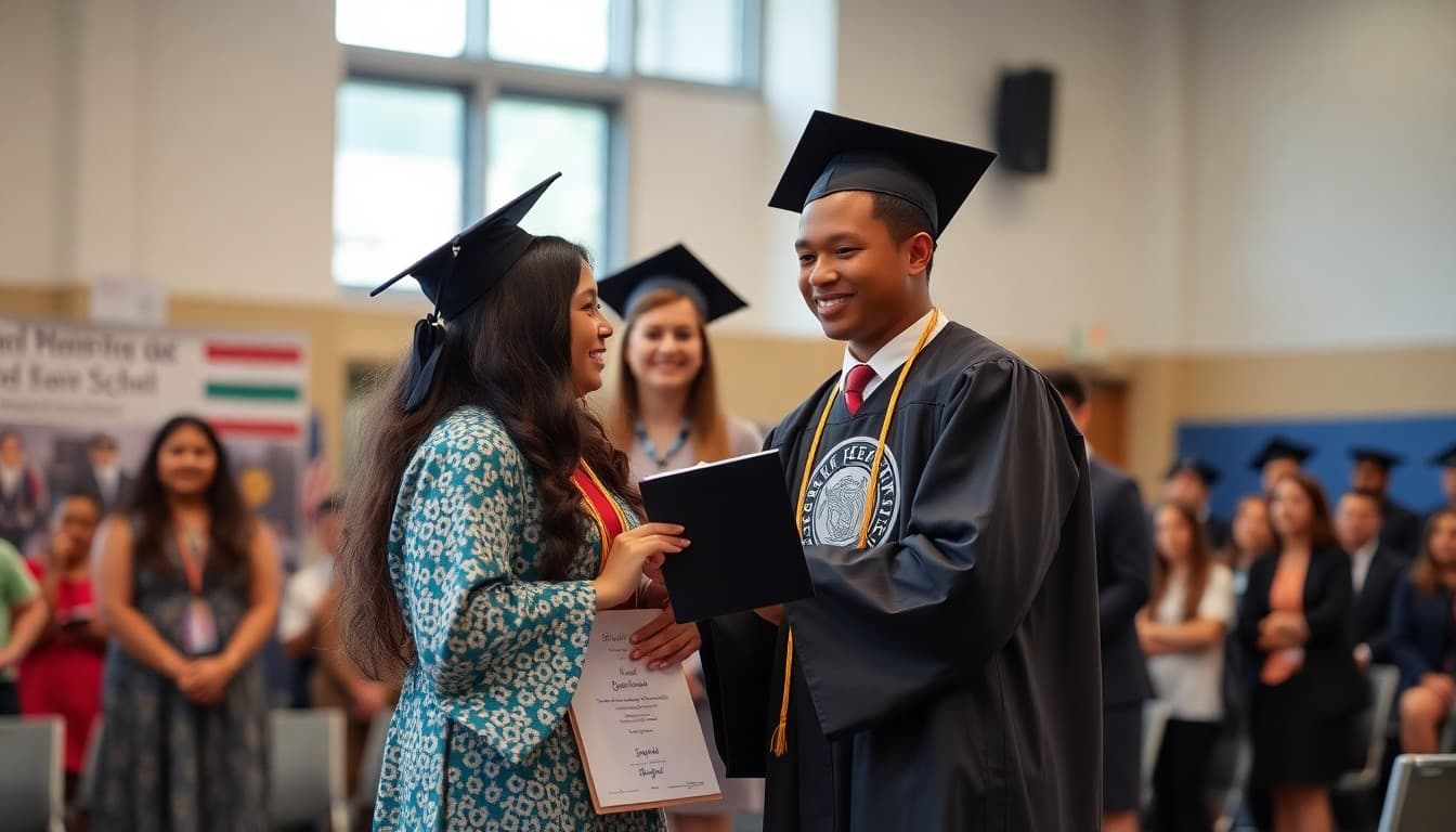 High school students receiving Seal of Biliteracy award at graduation ceremony stage