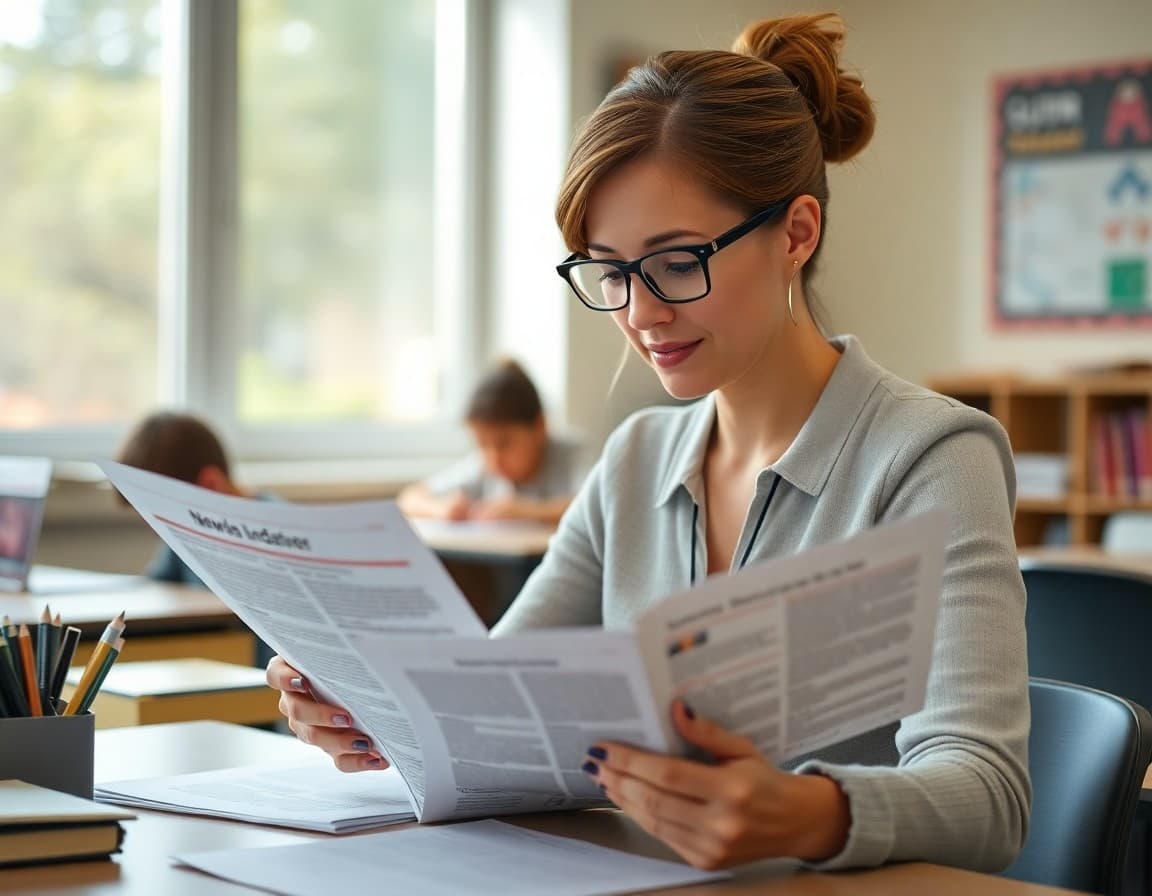 Teacher reviewing Spanish and English versions of school newsletter at her desk