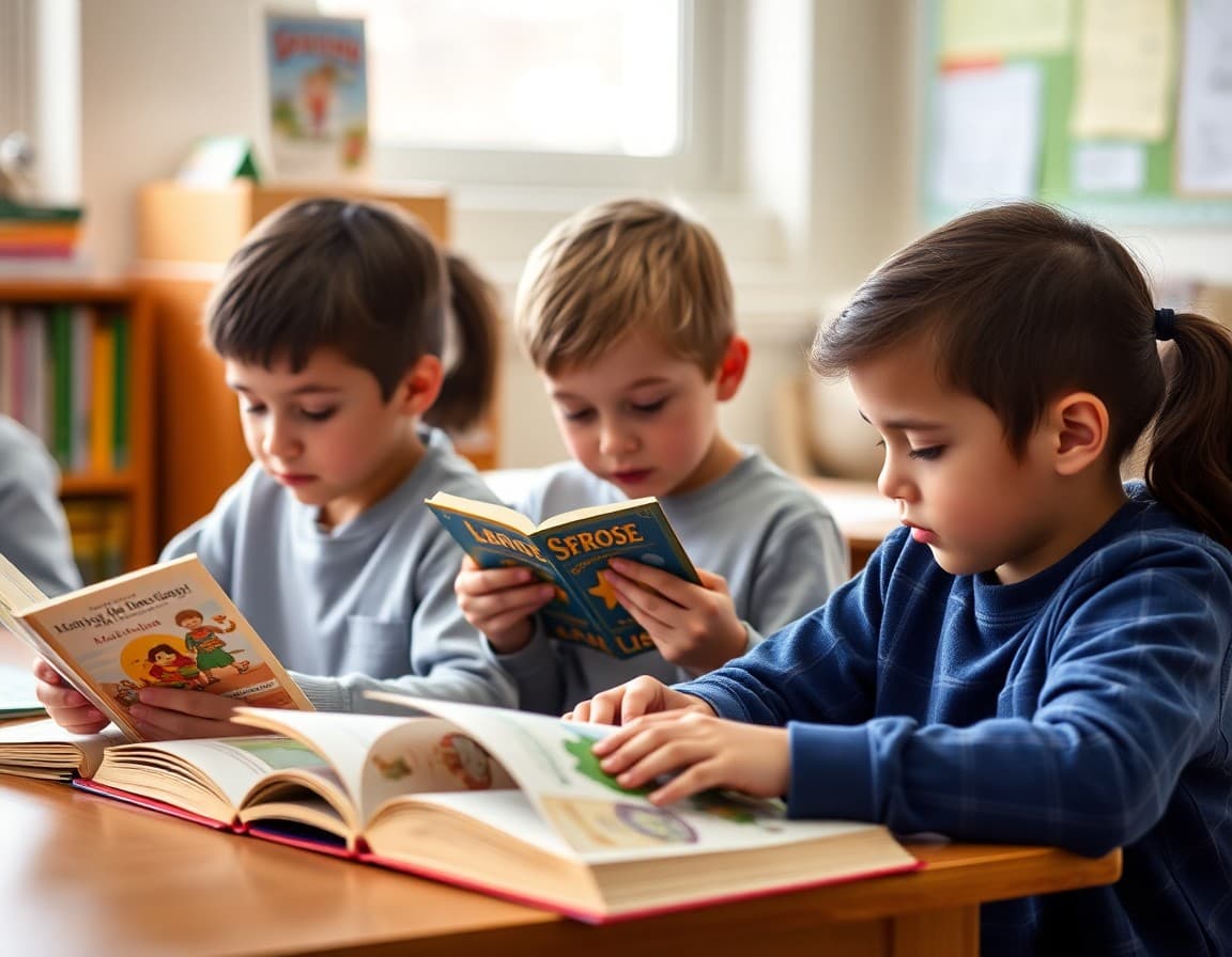 Spanish immersion students reading Spanish books and participating in bilingual classroom activities