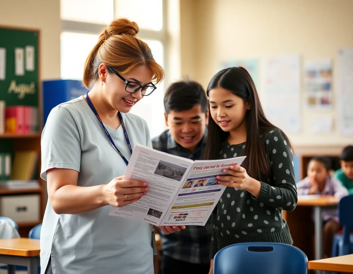 School staff member and Spanish-speaking family reviewing newsletter content together