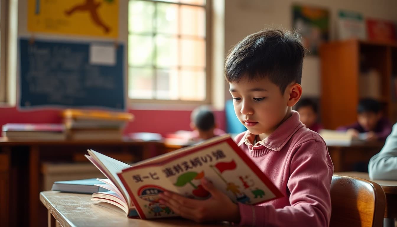 Heritage language student reading a book in their family's home language