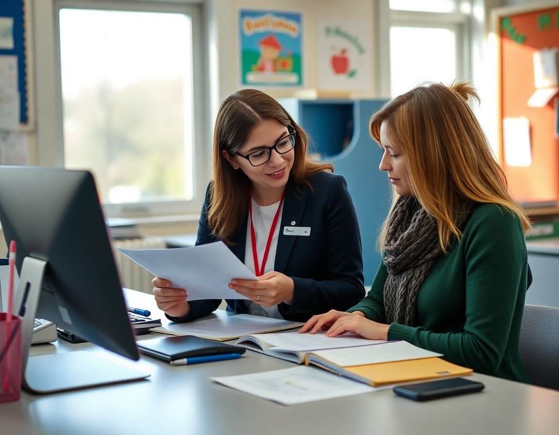 Bilingual staff member translating school documents for parent at school office desk