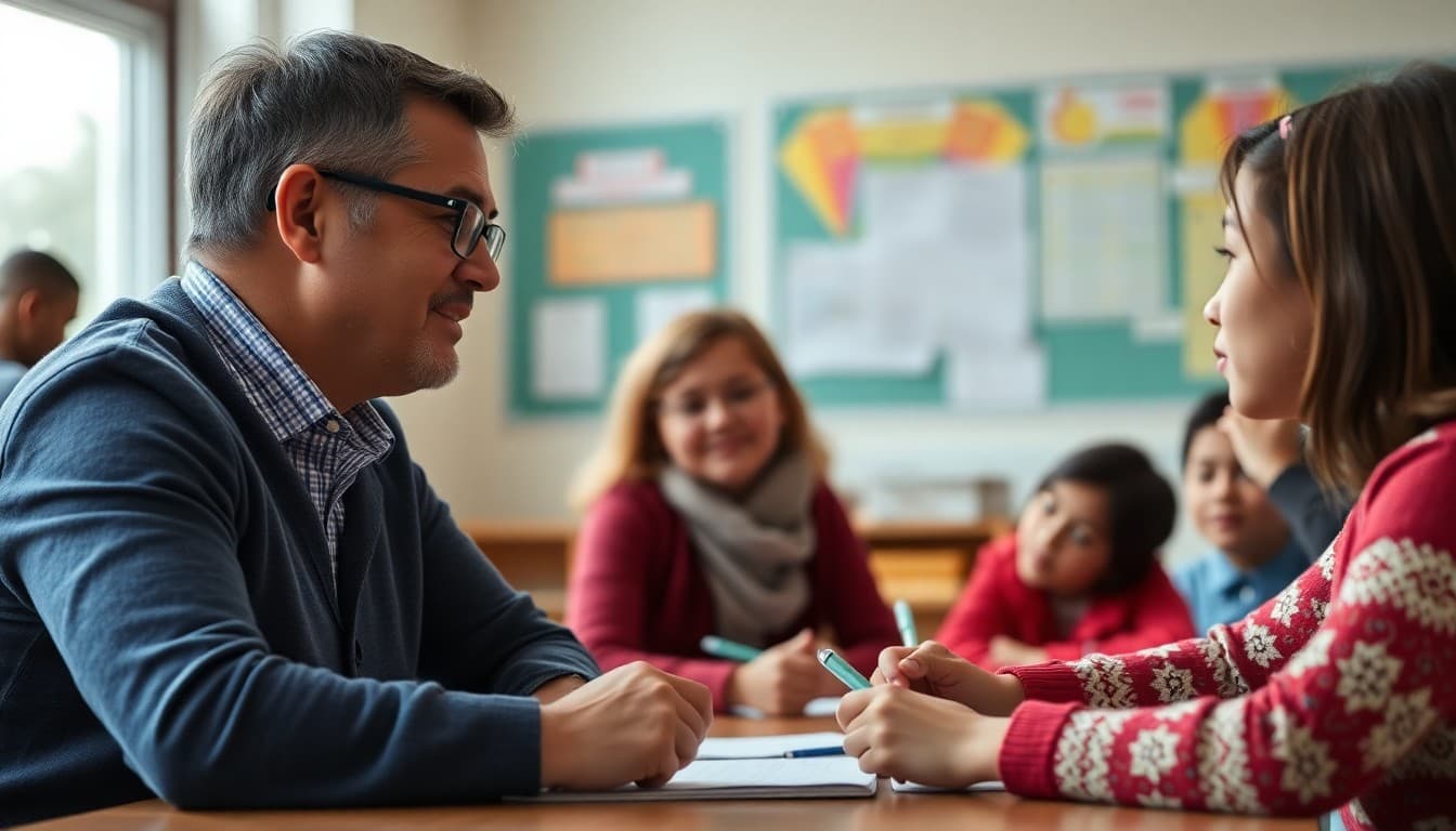 School interpreter helping non-English speaking family at parent teacher conference