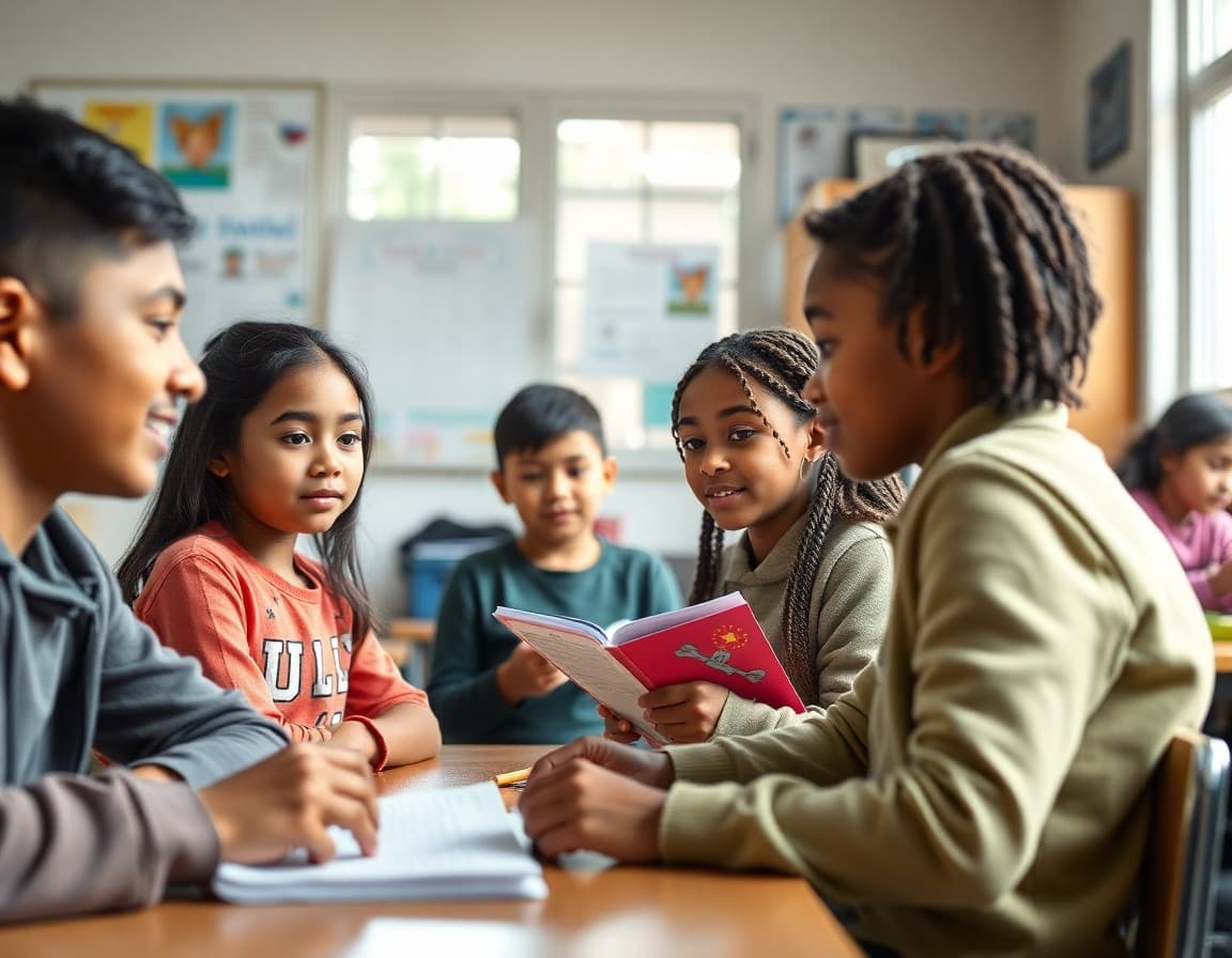 Diverse students in two-way bilingual program collaborating in Spanish and English lesson