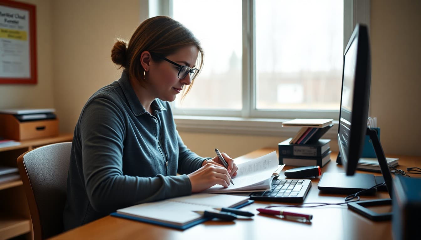Alaska charter school administrator composing a family newsletter at a desk near a window