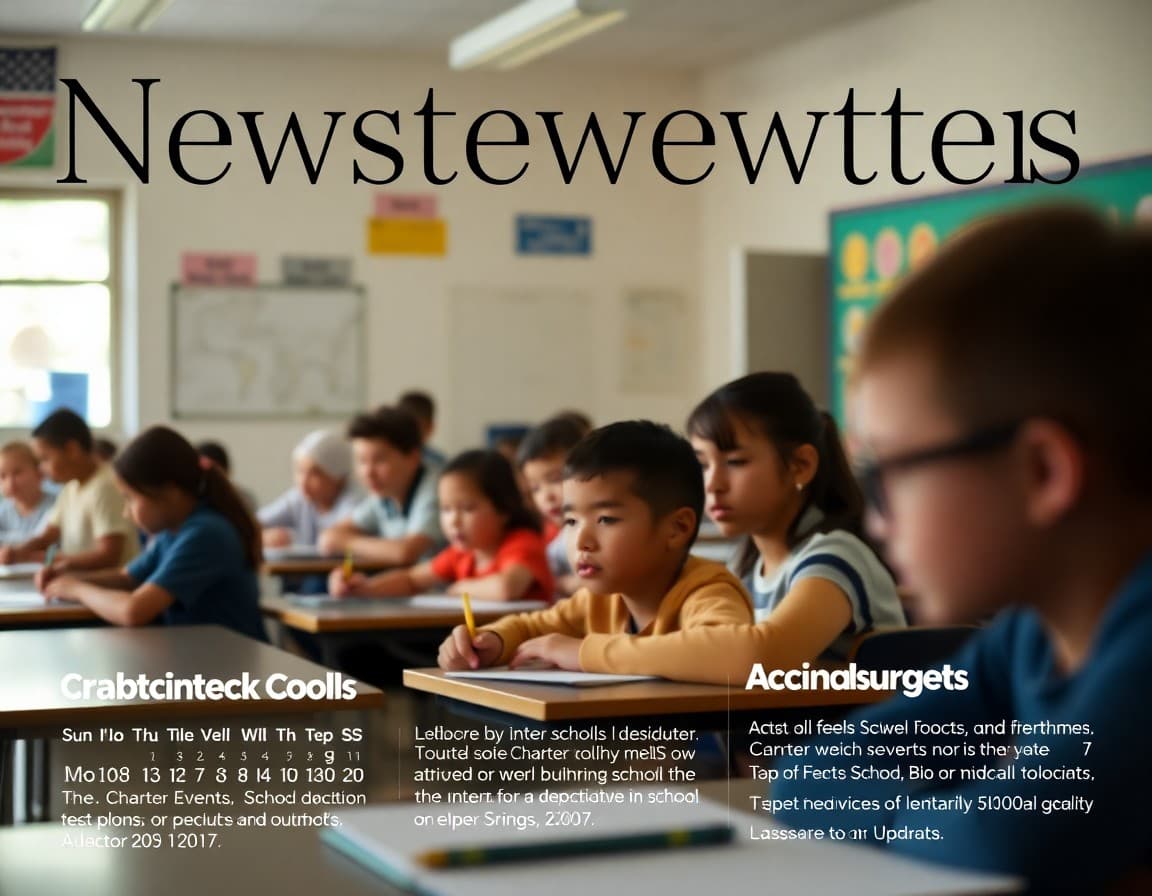 Charter school newsletter template with school events calendar and academic update section