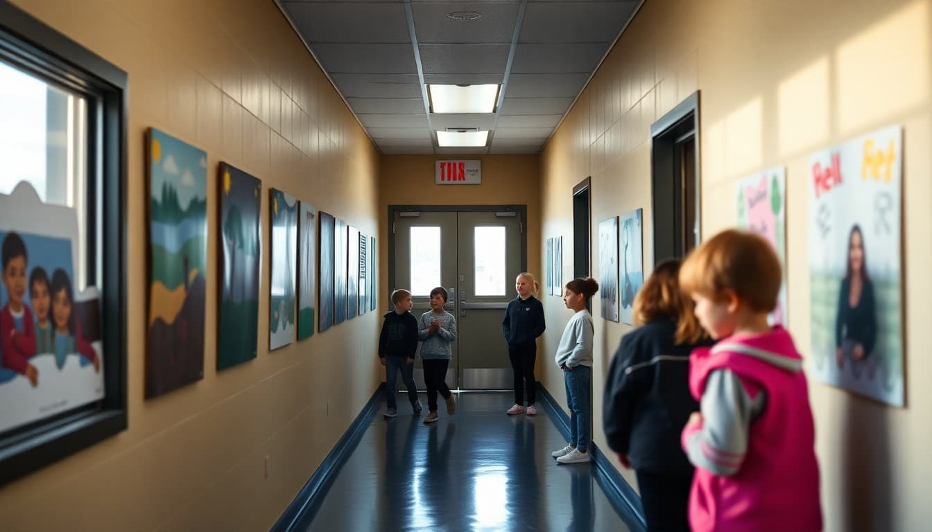 Alaska charter school hallway with student artwork displayed on walls near classroom doors