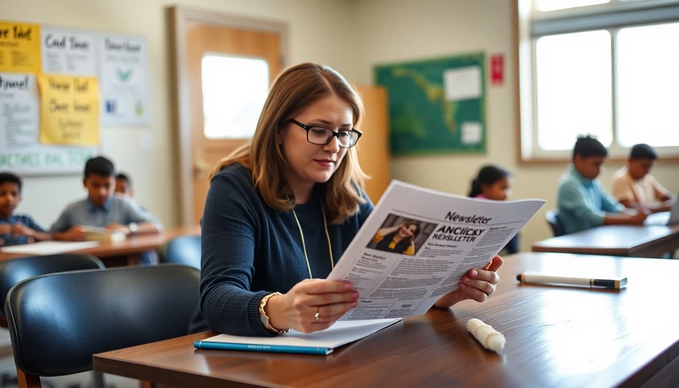 Alabama charter school administrator reviewing a family newsletter at a wooden desk