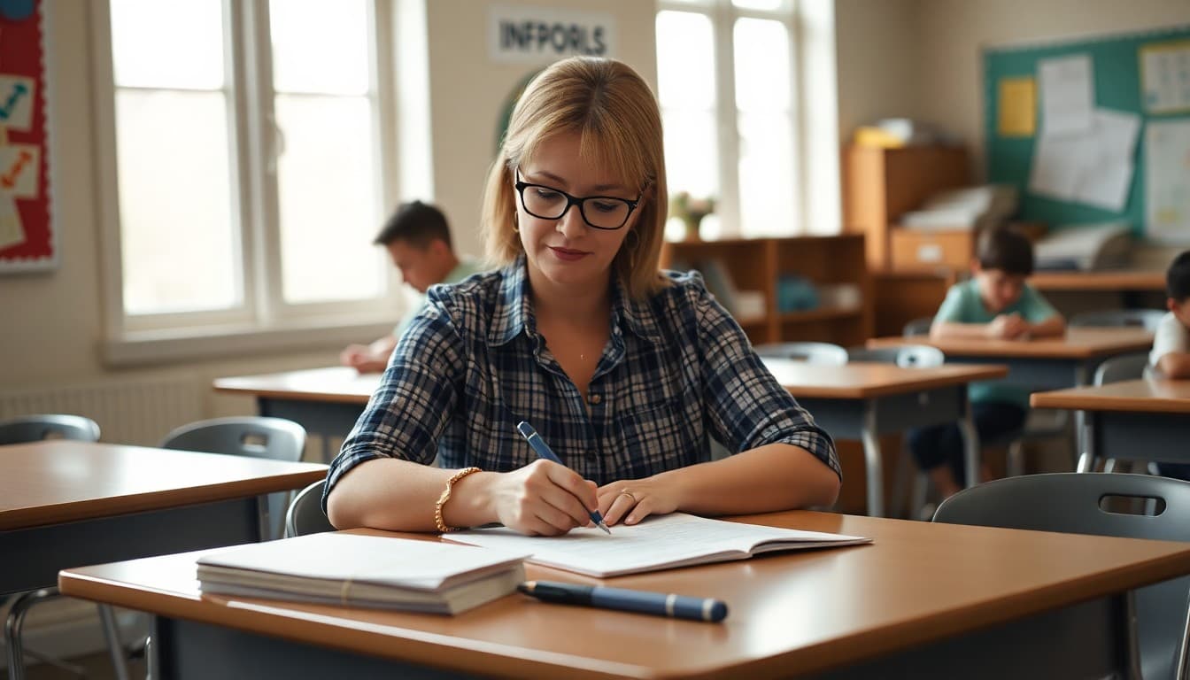 Arkansas charter school administrator writing a family newsletter at a classroom desk