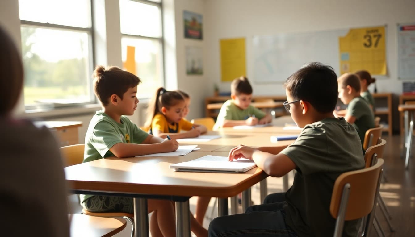 Arkansas charter school students working at tables in a bright modern classroom setting
