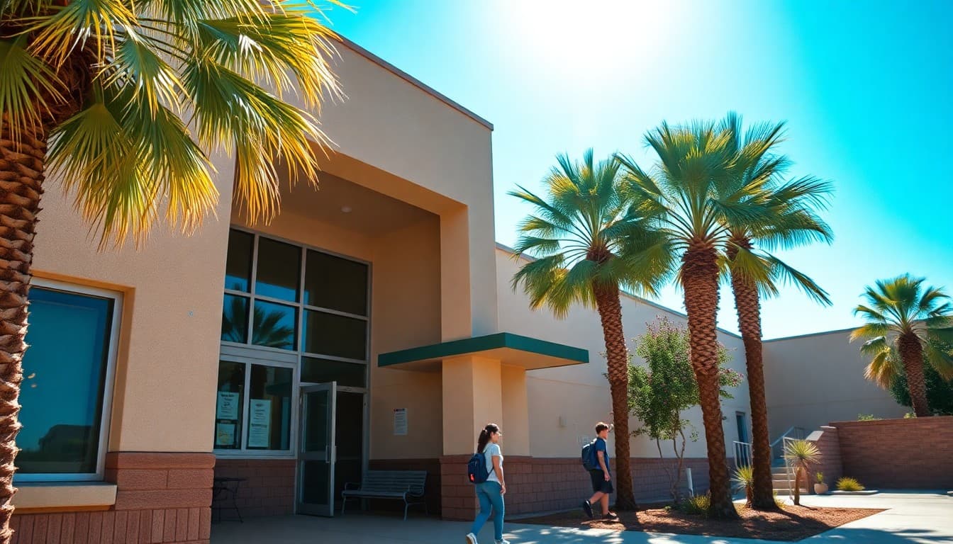 Arizona charter school exterior with palm trees and bright blue sky on a clear school day